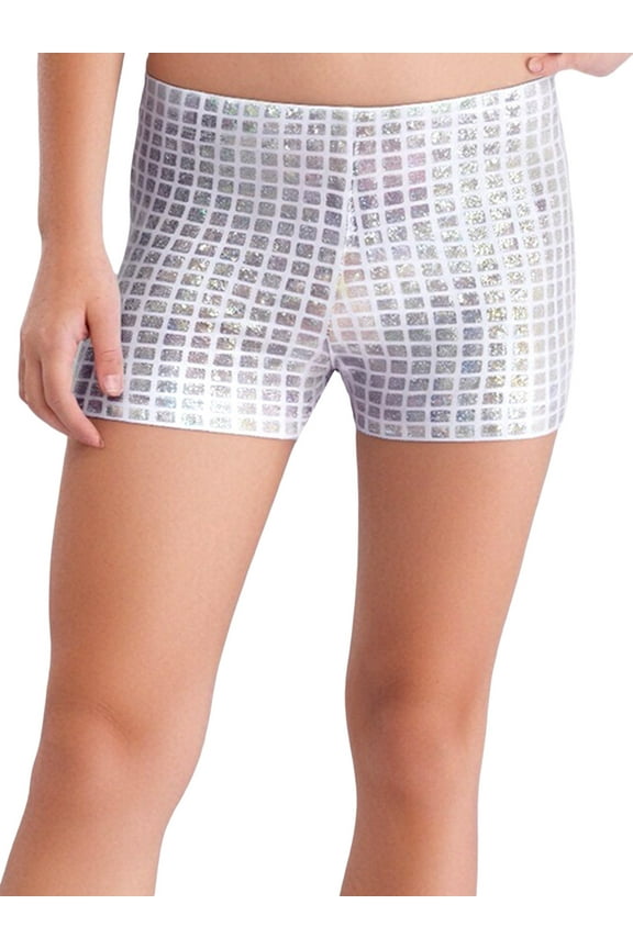 Girls Boys Ballroom Hip Hop Shorts Glitter Checkered Print Elastic Waist Boxer Cut for Dance Parties Silver 7-8