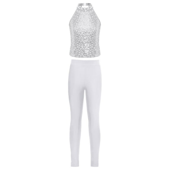 TSSOE Girls Cheerleading Jazz Dance Set Sleeveless Sequin Crop Top with Leggings Gymnastics Stage Performance Silver 14