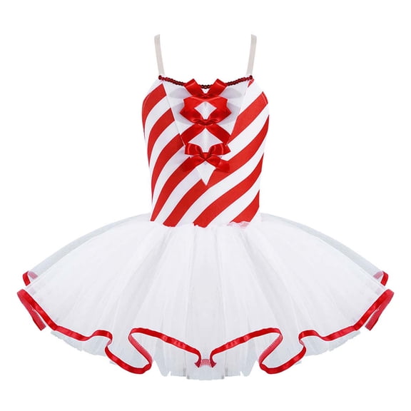 TSSOE Girls Christmas Sleeveless Striped Bow Ballet Leotard Mesh Tutu Dress Ballerina Dance Skirt Red 16