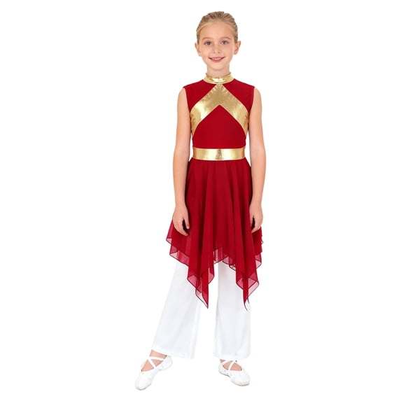 TSSOE Girls Church Worship Dance Outfits Metallic Sleeveless Irregular Dress with Solid Color Pants Set for Praise Dance Burgundy White 6