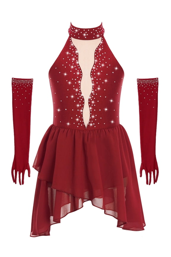 Girls Contemporary Dance Dress Latin Jazz Performance Clothes Figure Ice Skating Outfits Wrap Skirts Burgundy 8