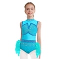 thumbnail image 1 of TSSOE Girls Feather Skirt Leotard Latin Jazz Dance Dress Color Block Sleeveless Jumpsuit with Rhinestones Cutout Back Blue Green 6, 1 of 5