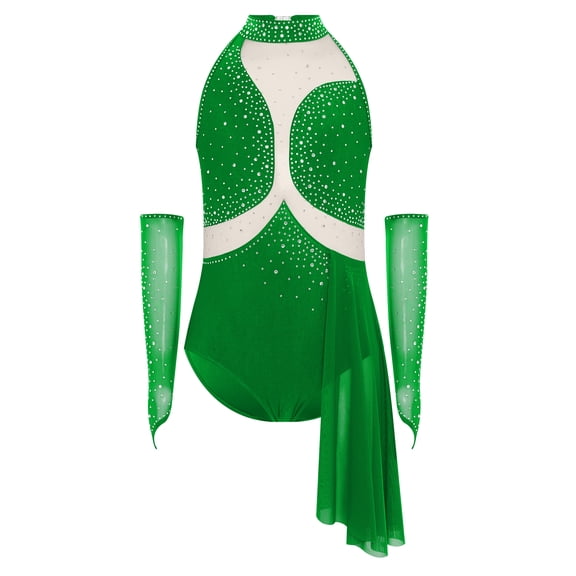 TSSOE Girls Figure Skating Leotard Lyrical Ballet Dance Dress Outfits Cutout Back Skirted Leotard with Gloves Green 10