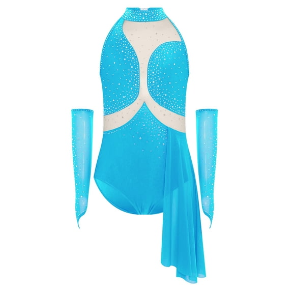 TSSOE Girls Figure Skating Leotard Lyrical Ballet Dance Dress Outfits Cutout Back Skirted Leotard with Gloves Light Blue 8