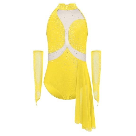 TSSOE Girls Figure Skating Leotard Lyrical Ballet Dance Dress Outfits Cutout Back Skirted Leotard with Gloves Yellow 6