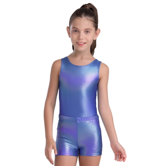 TSSOE Girls Glossy Dance Leotard and Shorts Set Sleeveless Criss-Cross Back Bodysuit Top + Shorts Scrunchies for Ballet Blue 7-8