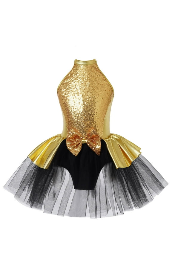 Girls Gymnastic Leotard Ballet Dance Mesh Tutu Dress Ballerina Shiny Sequins Ballroom Costume Gold 8