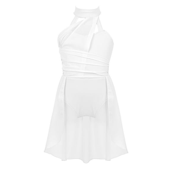 TSSOE Girls Halter Cutout Back Gymnastics Leotard Wrap Chiffon Skirts for Ballet/Lyrical Dance/Ice Ivory 16
