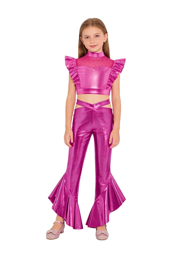 Girls Hip Hop Dance Dress Jazz Performance Clothes Rave Festival Disco Party Outfits Crop Top with Flared Pants Hot Pink 10