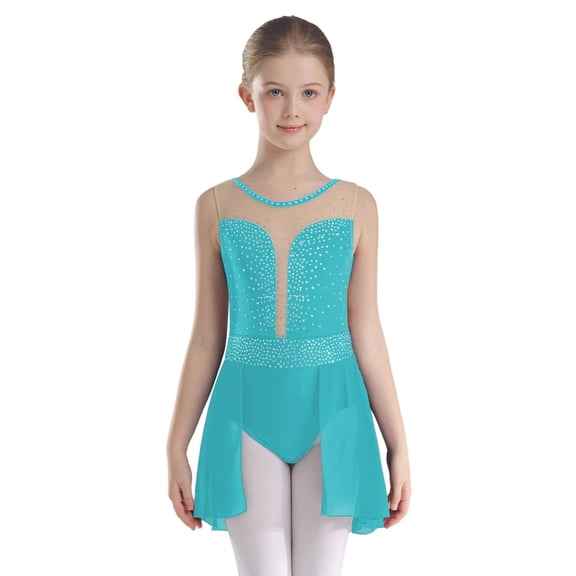 TSSOE Girls Ice Skating Dress Backless Leotard for Girls Gymnastic Performance Figure Skating Competition Costume Blue Green 12
