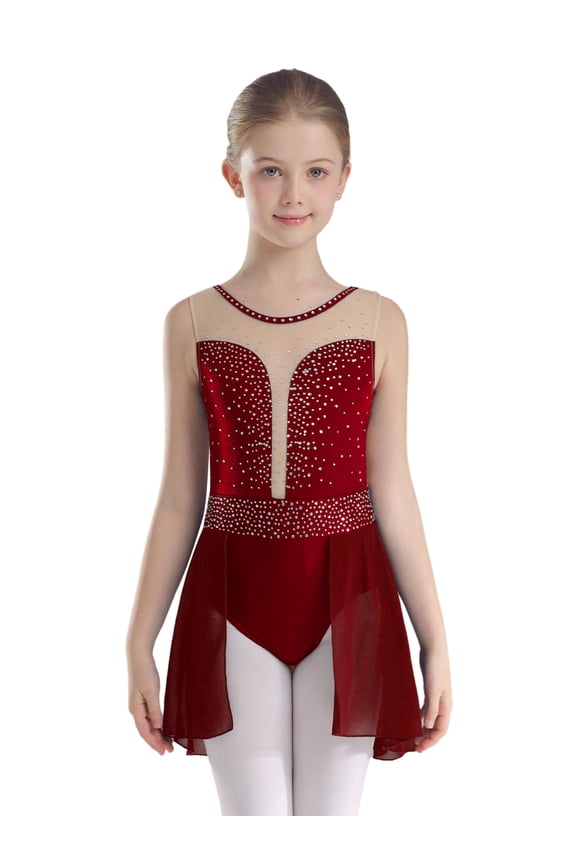 Girls Ice Skating Dress Backless Leotard for Girls Gymnastic Performance Figure Skating Competition Costume Burgundy 12