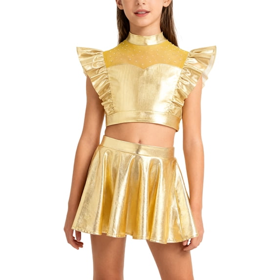 TSSOE Girls Jazz Dance Dress 2-Piece Cheerleading Outfit Shiny Metallic Flutter Sleeve Crop Top with Skirt Set Gold 14