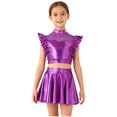 thumbnail image 1 of TSSOE Girls Jazz Dance Dress 2-Piece Cheerleading Outfit Shiny Metallic Flutter Sleeve Crop Top with Skirt Set Purple 14, 1 of 7