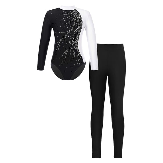 TSSOE Girls Kids Leotards Dance Outfits Sparkle Gym with Athletic Legging Jumpsuit Team Uniform Competition Costume White&Black 16