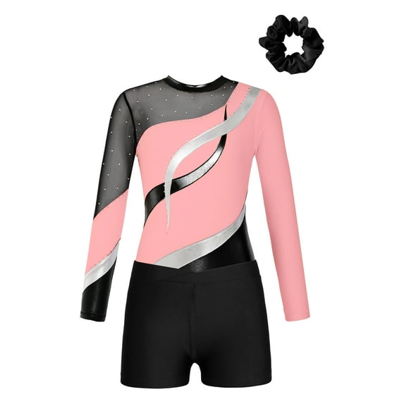 TSSOE Girls Kids Sequin Metallic Gymnastics Leotard with Shorts Dance Unitard Biketards Dancewear Pink&Black 14