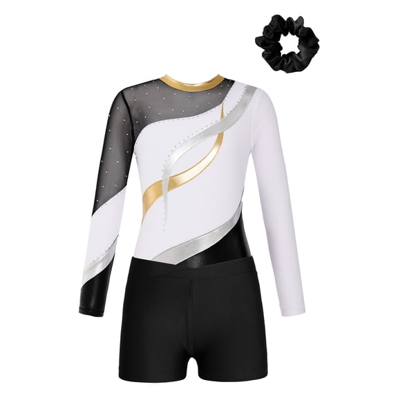TSSOE Girls Kids Sequin Metallic Gymnastics Leotard with Shorts Dance Unitard Biketards Dancewear White&Black 16