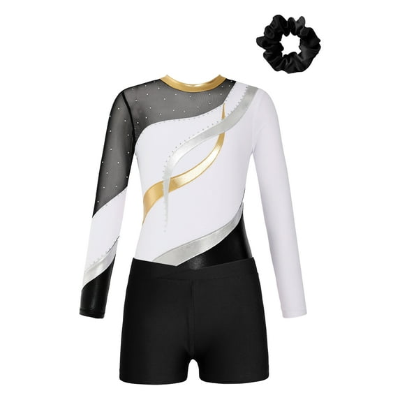 TSSOE Girls Kids Sequin Metallic Gymnastics Leotard with Shorts Dance Unitard Biketards Dancewear White&Black 8