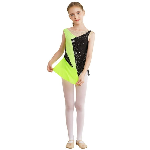 TSSOE Girls Kids Sequins Figure Ice Skating Dress Costume Sleeveless Ballet Dance Leotard with Mesh Tutu Skirt Fluorescent Yellow 10
