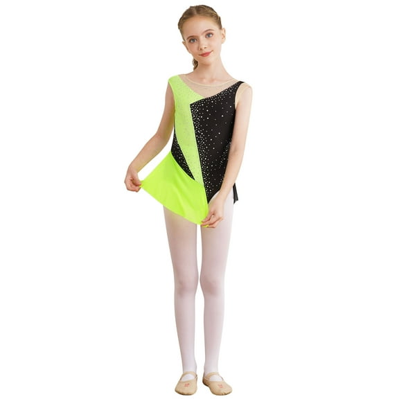 TSSOE Girls Kids Sequins Figure Ice Skating Dress Costume Sleeveless Ballet Dance Leotard with Mesh Tutu Skirt Fluorescent Yellow 6