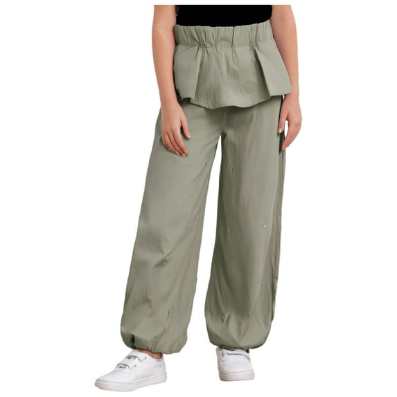 TSSOE Girls' Leggings Bowknot Wide-Leg Pants Outdoor Trousers Loose Bottoms School Uniforms 5-14 Years Khaki 13-14