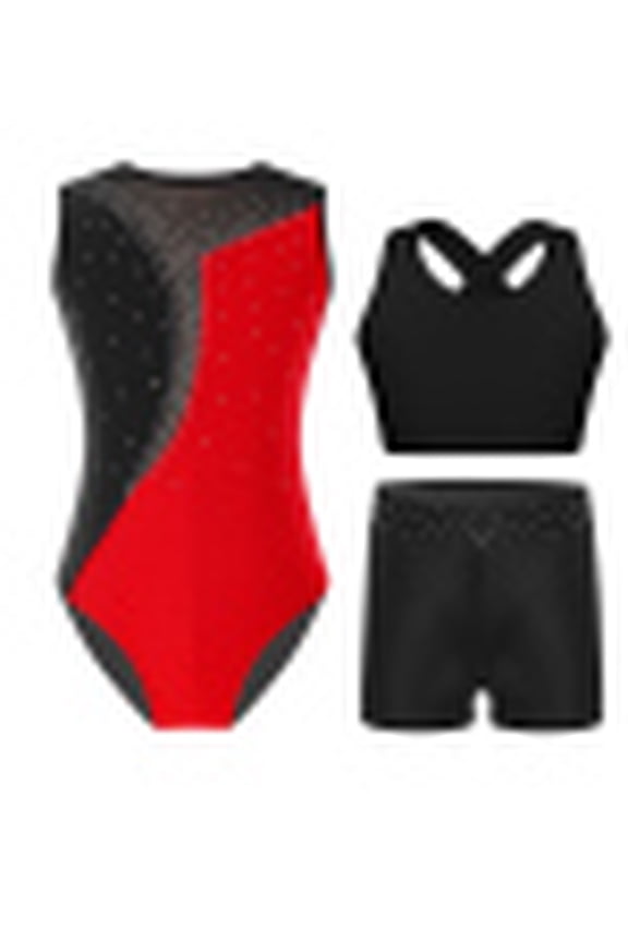 Girls Leotard Bra Top Set 3 Pcs Sleeveless Contrast Rhinestone U-back Keyhole Cross Strap with Dance Shorts Red 16