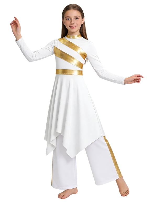 Girls Liturgical Praise Dance Dress Worship Asymmetric Tunic with Palazzo Pants Metallic Gold Outfit White 10
