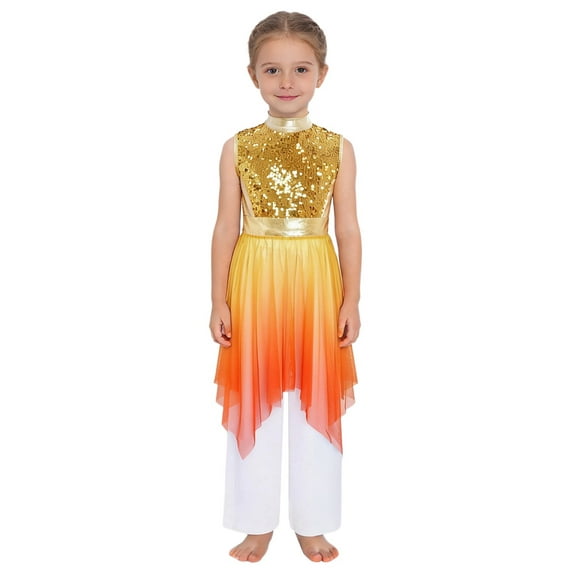 TSSOE Girls Liturgical Praise Dance Outfits 2pcs Sequins Gradient Asymmetrical Dress with Solid Color Pants Set Dancewear Gold 12