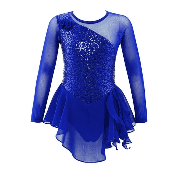 TSSOE Girls Long Sleeve Ballet Ice Skating Dress Costume Sequins Ballroom Competition Dancewear Royal Blue 6