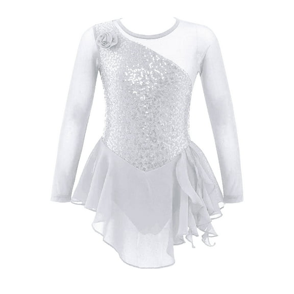 TSSOE Girls Long Sleeve Ballet Ice Skating Dress Costume Sequins Ballroom Competition Dancewear White 12