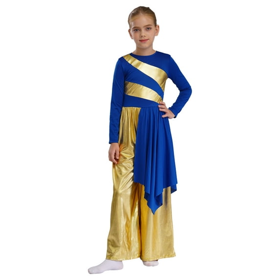 TSSOE Girls Long Sleeve Lyrical Praise Dance Dress with Metallic Wide Leg Pants Overlay Worship Gowns Blue 14