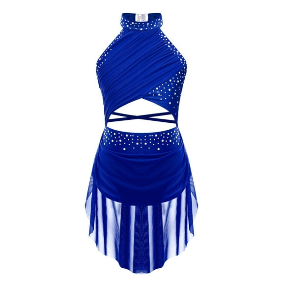 TSSOE Girls Lyrical Dance Costume Glittery Rhinestone Cutout Strappy Mesh Overlay Leotard Dress Dancewear Blue 12