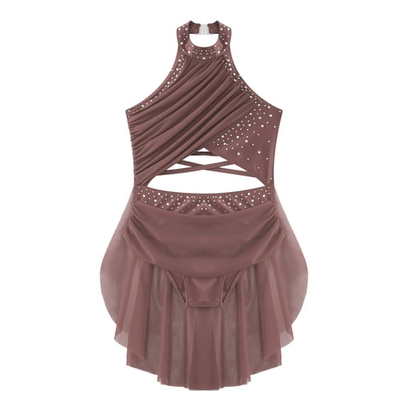 TSSOE Girls Lyrical Dance Costume Glittery Rhinestone Cutout Strappy Mesh Overlay Leotard Dress Dancewear Dusty Pink 6