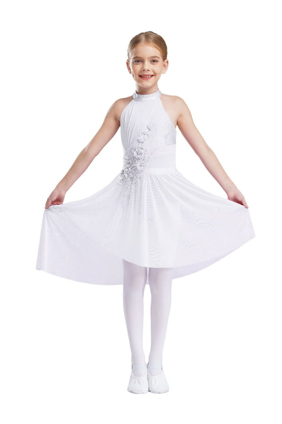 Girls Lyrical Dance Dress Latin Ballet Jazz Leotard Gown Halter Sleeveless Applique Costume Irregular Tutu Skirt Ivory 14