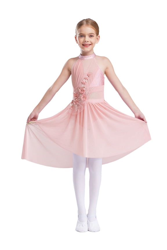 Girls Lyrical Dance Dress Latin Ballet Jazz Leotard Gown Halter Sleeveless Applique Costume Irregular Tutu Skirt Pink 14