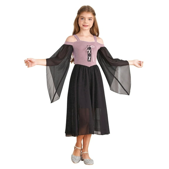 TSSOE Girls Medieval Renaissance Dress Cold Shoulder Butterfly Sleeve Gothic Dress Carnival Christmas Clothes Orange Pink 6