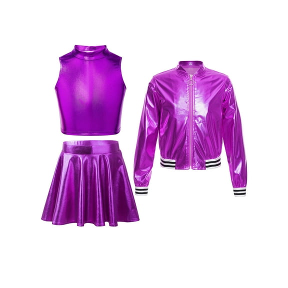 TSSOE Girls Metallic Dance Outfits Sparkly Hip Hop Jazz Dance Crop Top Bomber Jacket and Skater Skirts Set Purple 10