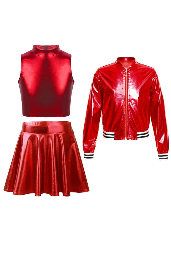 Girls Metallic Dance Outfits Sparkly Hip Hop Jazz Dance Crop Top Bomber Jacket and Skater Skirts Set Red 12