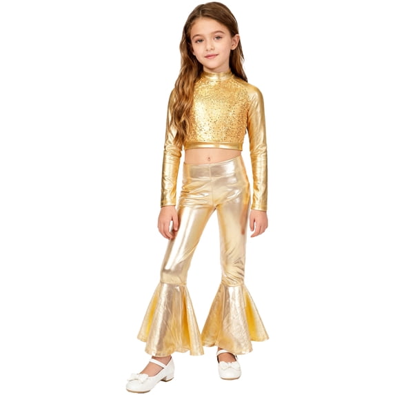 TSSOE Girls Metallic Disco Theme Party Prom Outfits Long Sleeve Crop Top with Bell-Bottom Pants Jazz Performance Dancewear Gold 10