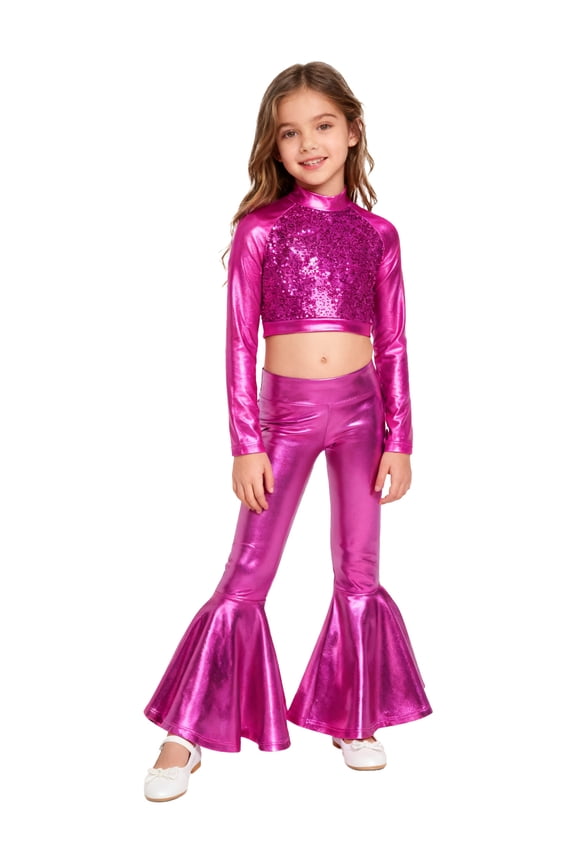 Girls Metallic Disco Theme Party Prom Outfits Long Sleeve Crop Top with Bell-Bottom Pants Jazz Performance Dancewear Hot Pink 9