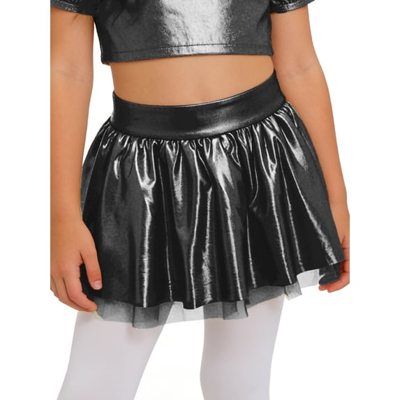 TSSOE Girls Metallic PU Tutu Skirt Double Layer Puffy Dance Skirt with Elastic Waist for Jazz & Hip Hop Performance Black 8