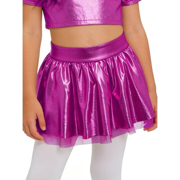 TSSOE Girls Metallic PU Tutu Skirt Double Layer Puffy Dance Skirt with Elastic Waist for Jazz & Hip Hop Performance Hot Pink 10