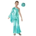 thumbnail image 1 of TSSOE Girls Metallic Romper Jumpsuit One Shoulder Flare Bell-Bottom Pants Bodysuit with Hair Scrunchies Blue Green 16, 1 of 5