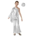 thumbnail image 1 of TSSOE Girls Metallic Romper Jumpsuit One Shoulder Flare Bell-Bottom Pants Bodysuit with Hair Scrunchies Silver 10, 1 of 5