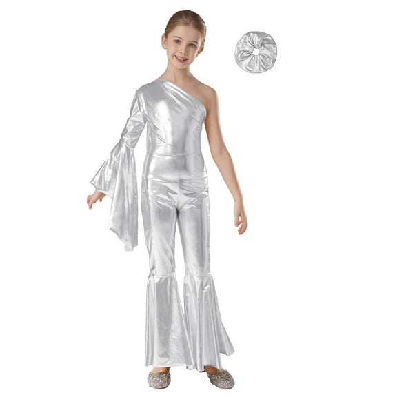 TSSOE Girls Metallic Romper Jumpsuit One Shoulder Flare Bell-Bottom Pants Bodysuit with Hair Scrunchies Silver 10