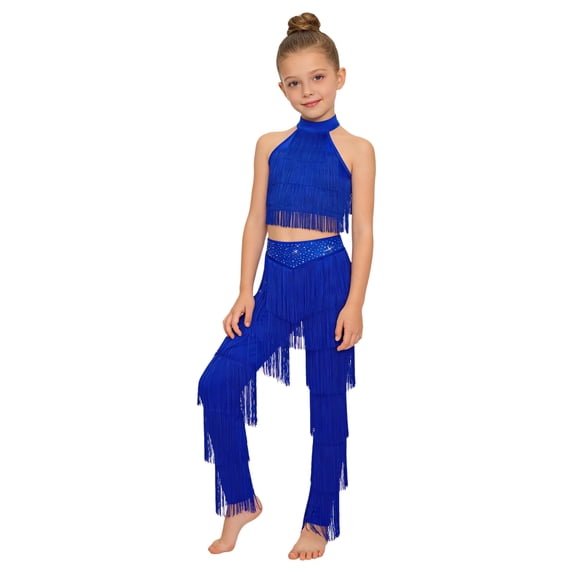 TSSOE Girls Modern Jazz Dance Outfits Tiered Tassels Latin Cha Cha Salsa Dance Crop Top with Pants Set for Competitions Royal Blue 12