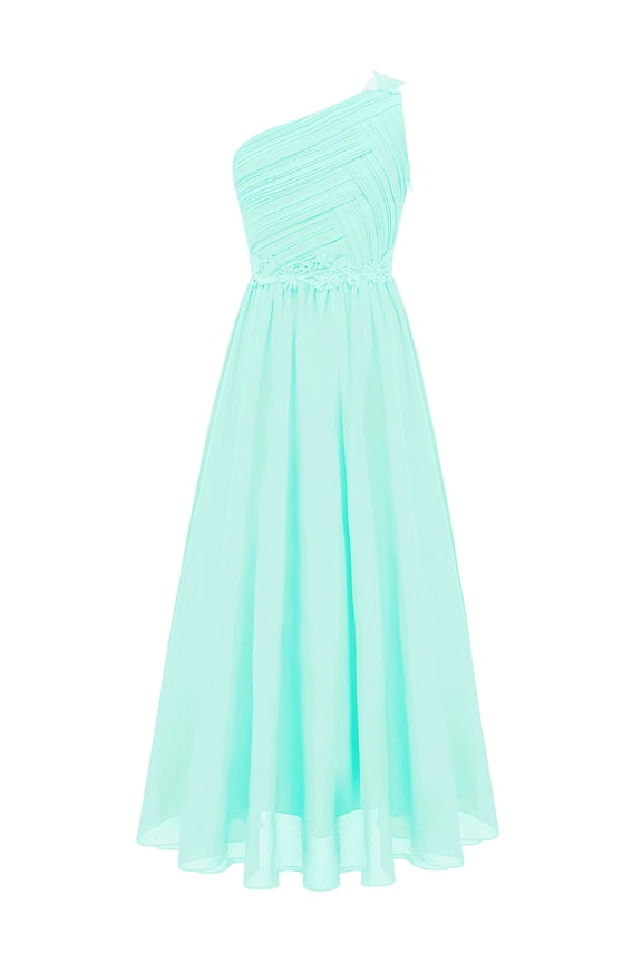 Girls One Shoulder Junior Bridesmaid Dress Kids Lace Chiffon Maxi Ball Gown Wedding Evening Mint Green 12