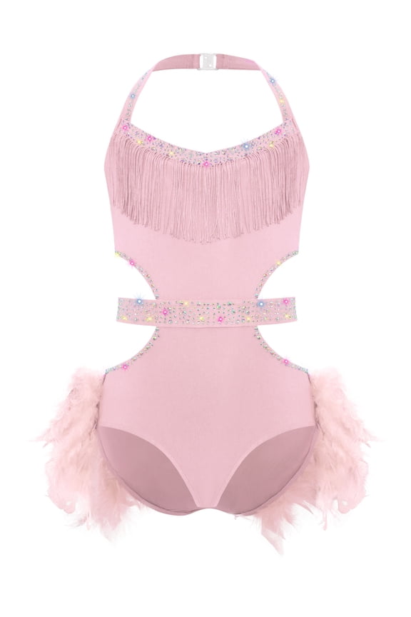 Girls Rhinestone Sleeveless Ballet Skirted Bodysuit Feather Jazz Latin Dance Leotard Competition Dancewear Pink 16