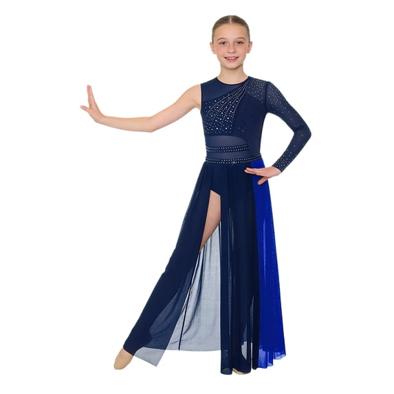 TSSOE Girls Rhinestone lyrical Dance Dress Maxi Flowy Skirted Leotard Color Block Contemporary Modern Dance Dress Navy Blue 16