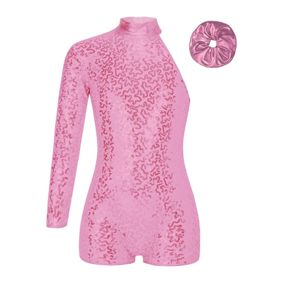 TSSOE Girls Sequin Single Long Sleeve Jazz Latin Dance Unitard One Piece Shorts Biketard Bodysuit Dancewear Pink 6