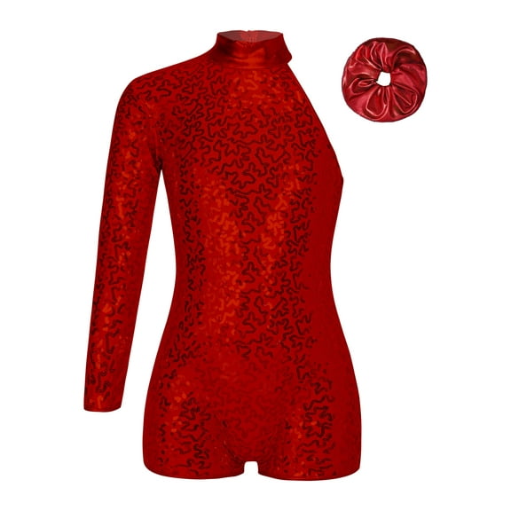 TSSOE Girls Sequin Single Long Sleeve Jazz Latin Dance Unitard One Piece Shorts Biketard Bodysuit Dancewear Red 8